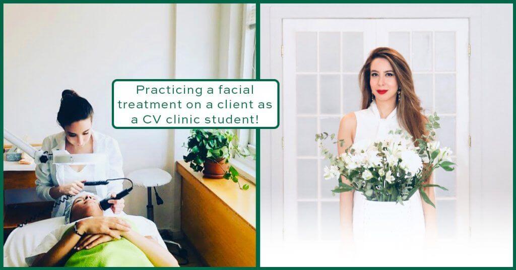 Christine Valmy Esthetics Alumni practicing on a clinic client and posing as a spa owner.