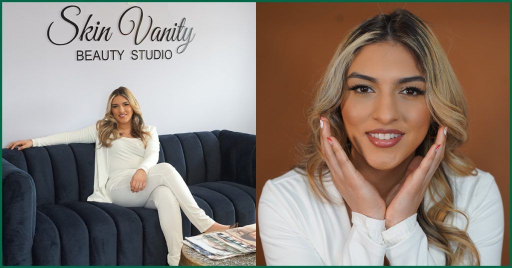 Natalie is shown in two images: one of her sitting on the couch in the lobby of her beauty studio and the other a headshot of her with her hands holding her face.