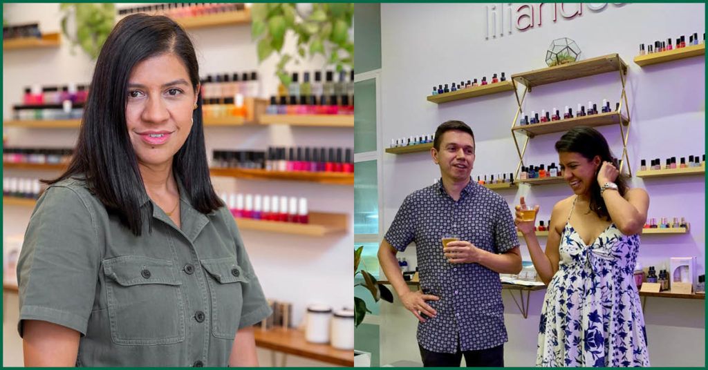 Two Images of Lilly, one of her standing confidently in front of her product shelf.  The other she's laughing while standing with her business partner,