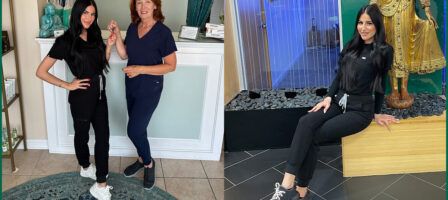 Marisa Napoli in the lobby of Spa Rockaway and the lobby of Christine Valmy.