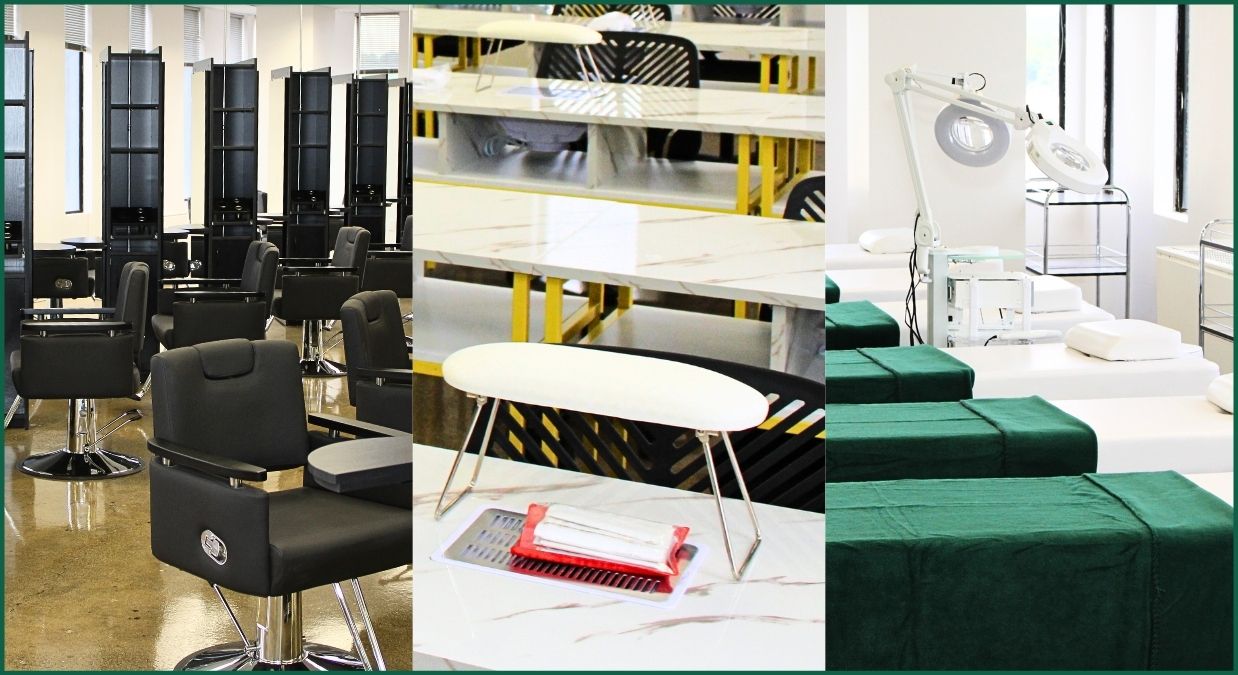 Collage of Christine Valmy NJ classrooms. Cosmetology and hairstyling, manicure and skin care courses.